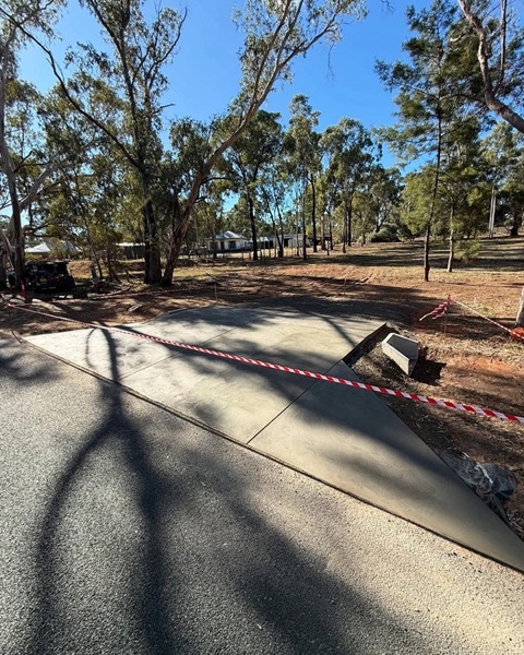 A concrete driveway under dappled shade from box-ironbark gums